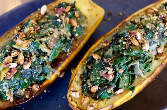 Stuffed Spaghetti Squash with Swiss Chard and walnut Pesto