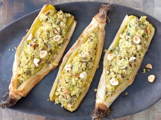 BAKED LEEK WITH MILLET, LENTIL AND HAZELNUTS