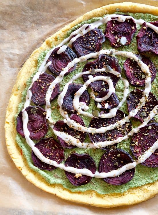 Tarte Fine with Roasted Beets and Walnut Spinach Pesto