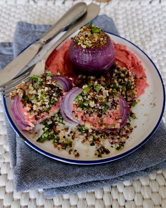Stuffed Roasted Red Onions with Herby Quinoa and Pink Hummus