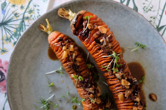 Hasselback Carrots and Cacao hazelnut Vinaigrette 