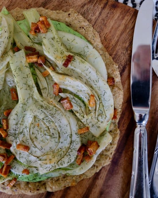 Quinoa Pizzas with Glazed Fennel and Fennel Cheezy Cream 