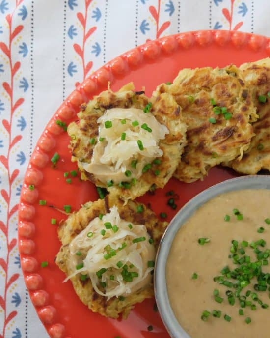 Celeriac Sauerkraut Fritters with ginger miso dip