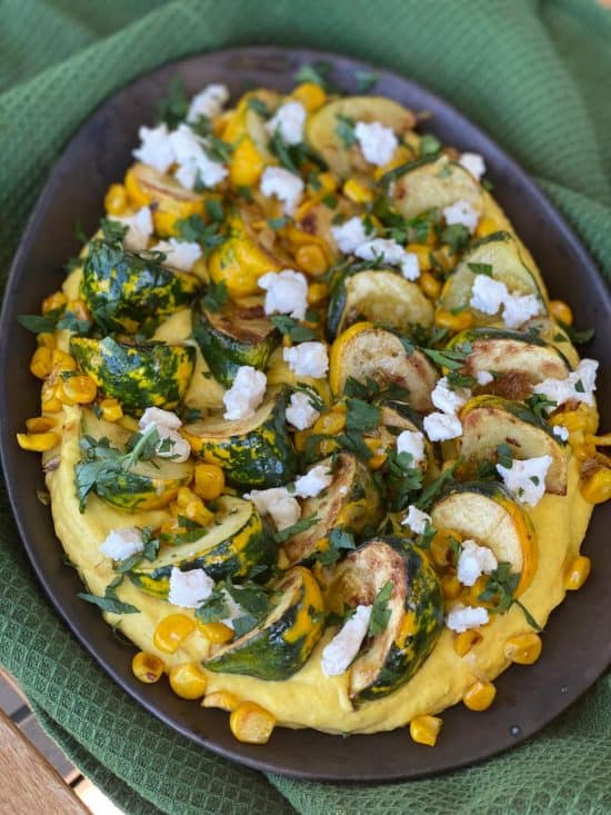 Grilled Patty-Pan Squash with creamed corn and feta