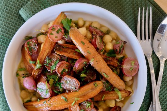 Roasted Pink Radish and Carrots with Chickpea Orange Coriander stew