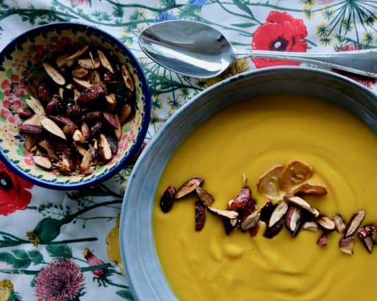 ROASTED GARLIC AND SWEET POTATO SOUP with sweet and salty almonds 